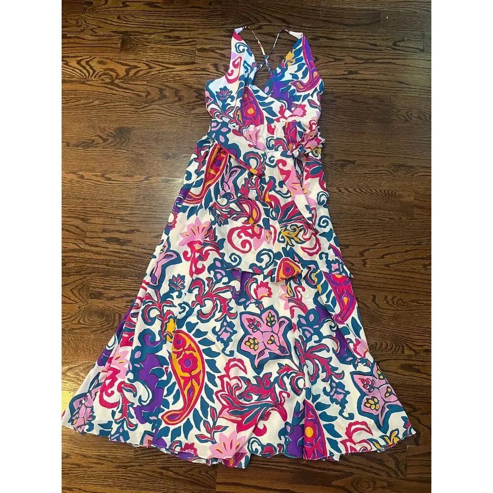 J.Crew Silk V-Neck Maxi Dress in Aja Ivory Painted Paisley Tie Waist Sz.10 NWOT
